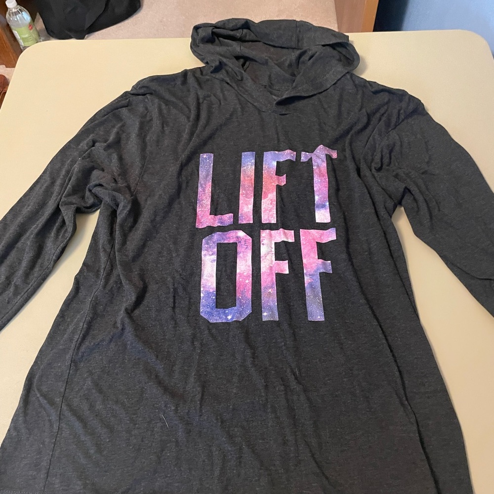 Dark gray G2OH hooded pullover with galaxy print “lift off”